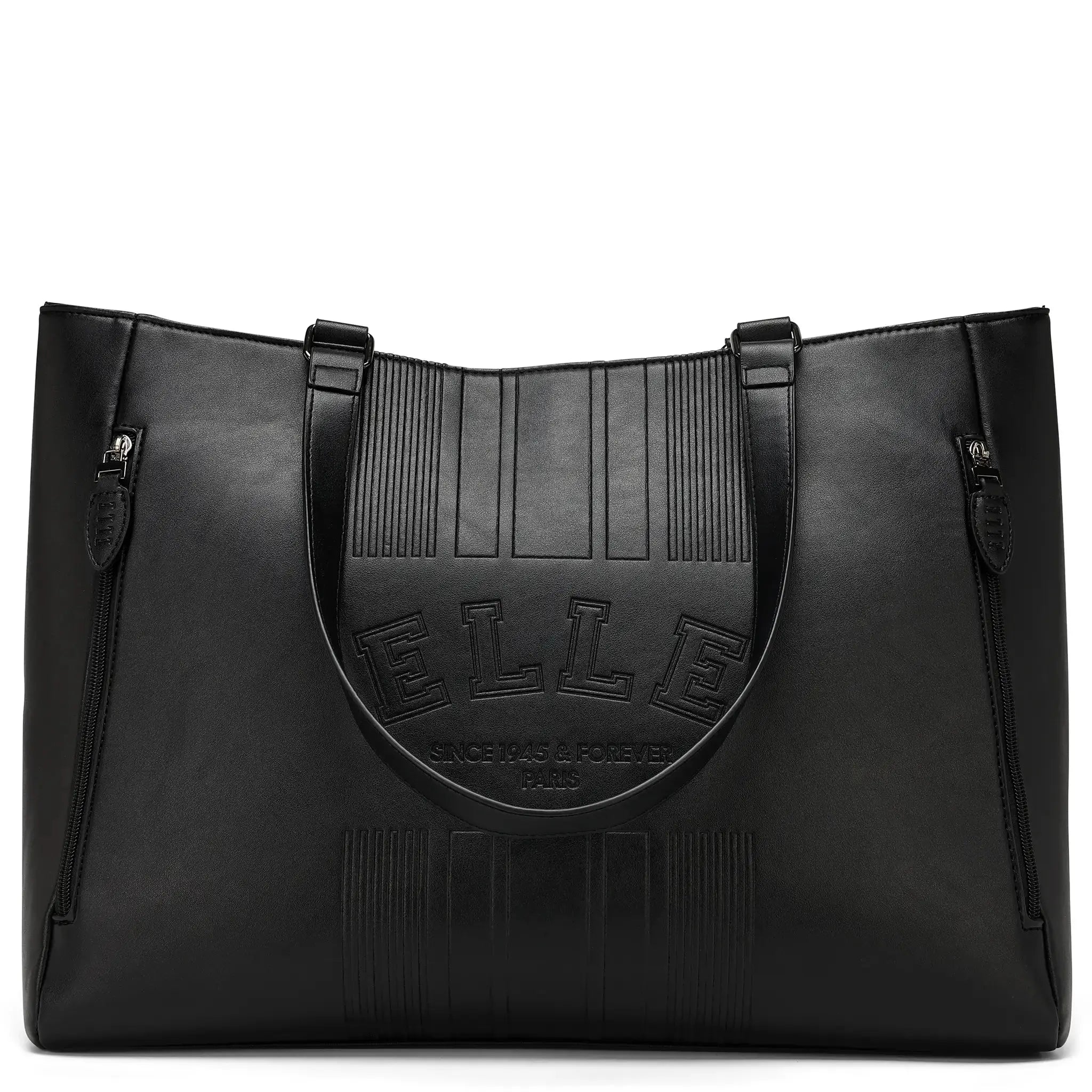 Black leather tote bag with 'ELLE' branding on a white background