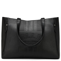 Black leather tote bag with 'ELLE' branding on a white background