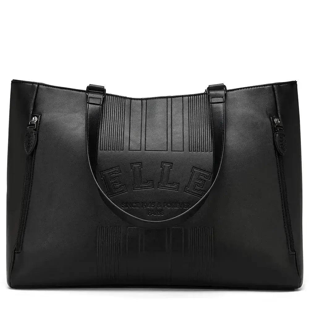 Black handbag with 'ELLE' branding on a white background