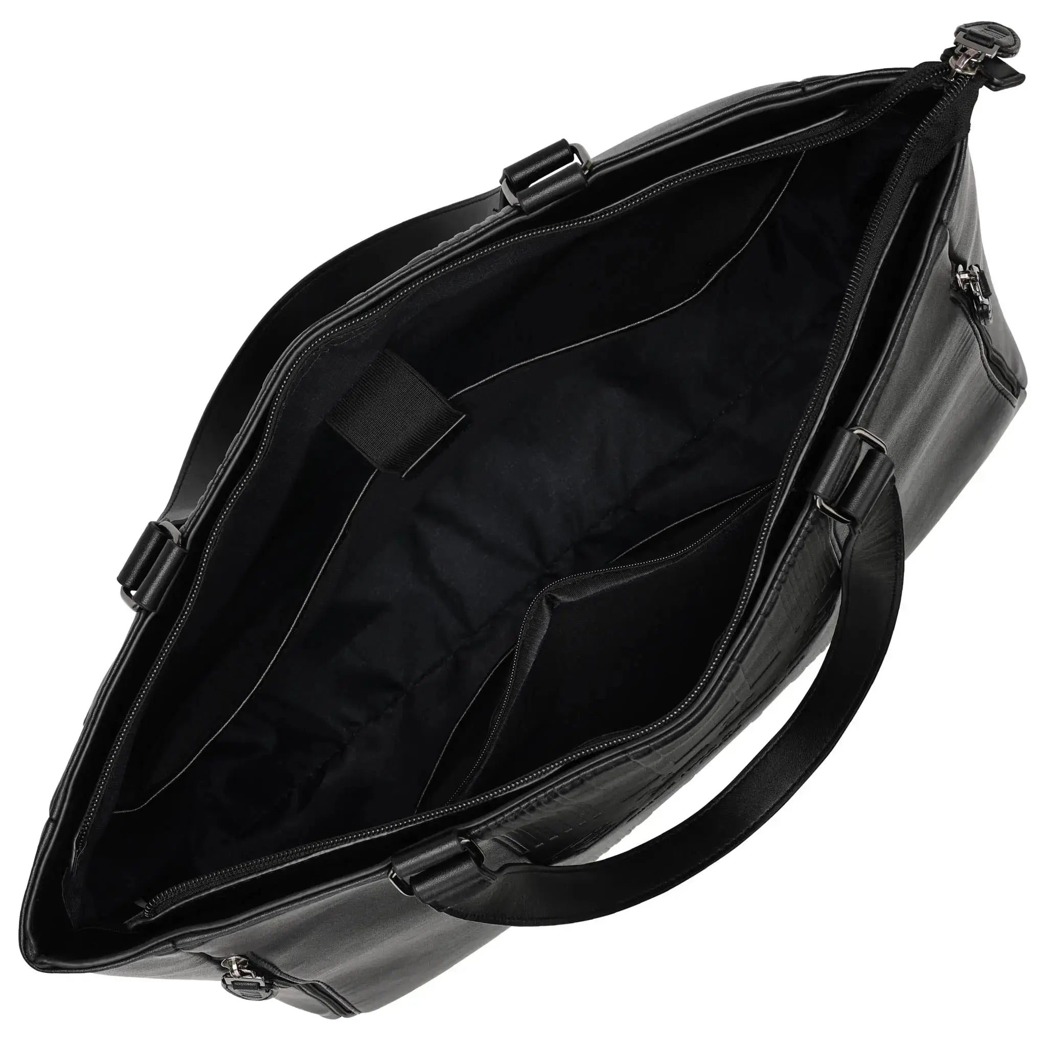 Black leather briefcase with open lid on a white background
