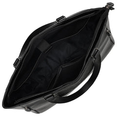 Black leather briefcase with open lid on a white background