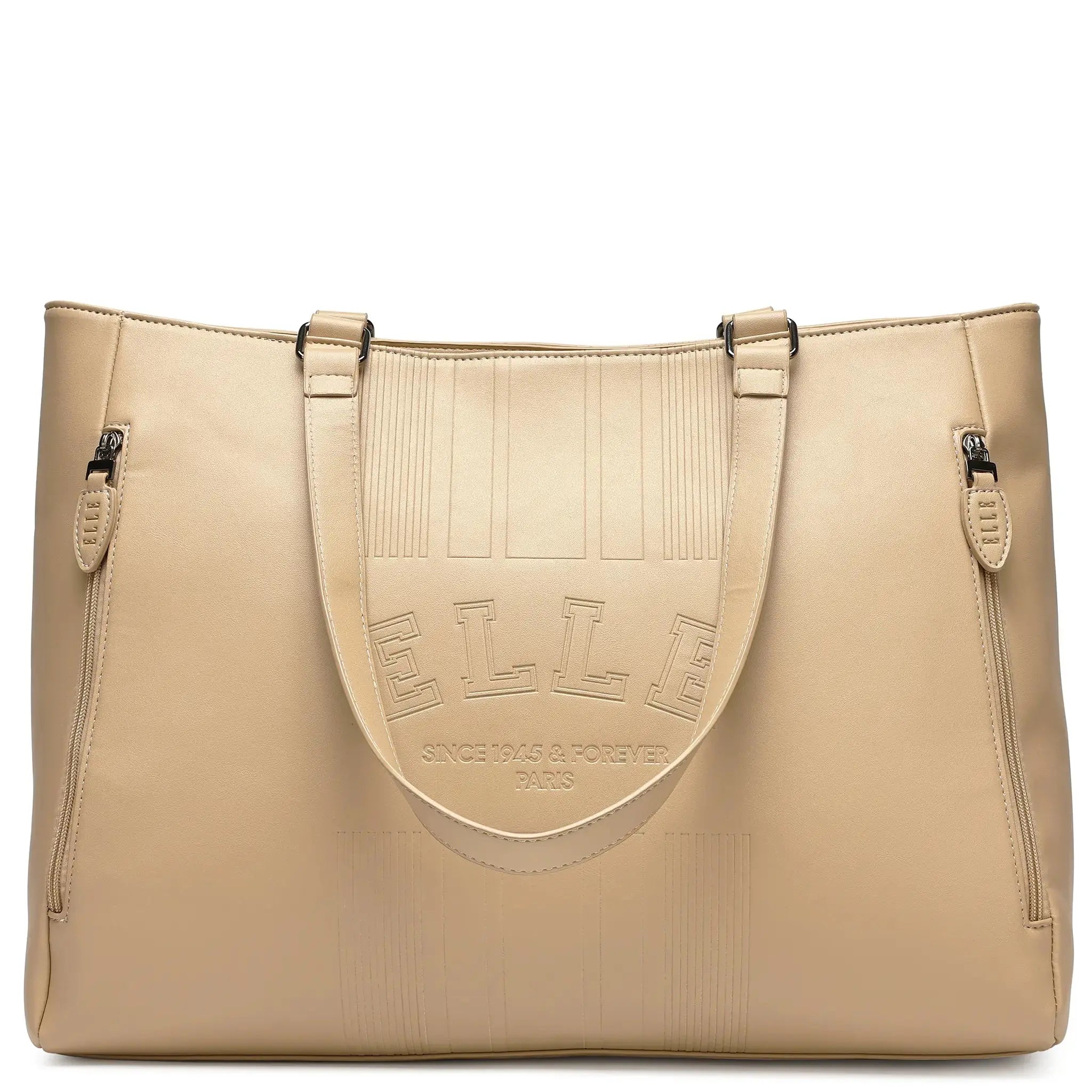 Beige handbag with 'ELLE' branding on a white background