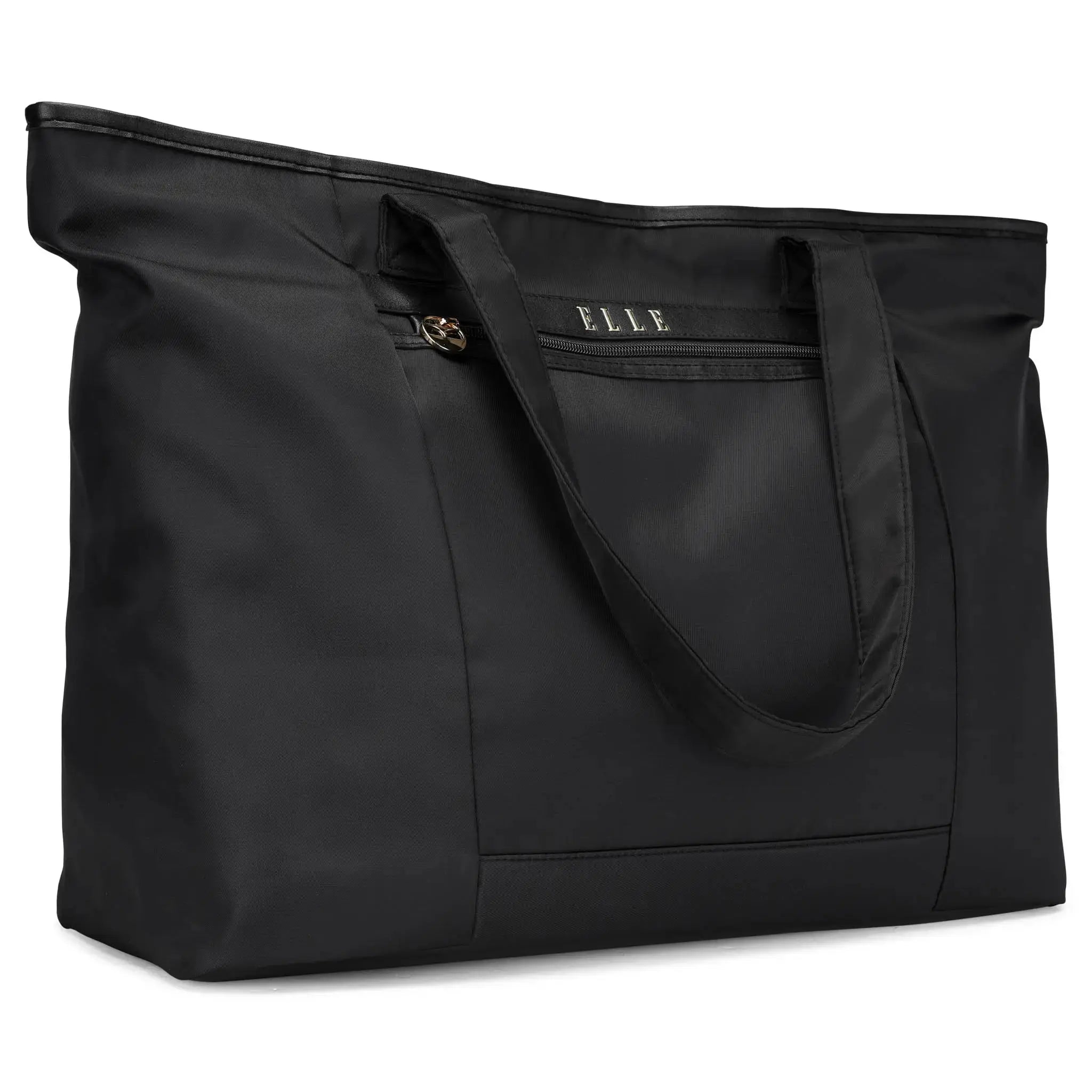 Black tote bag with a visible brand logo on a white background