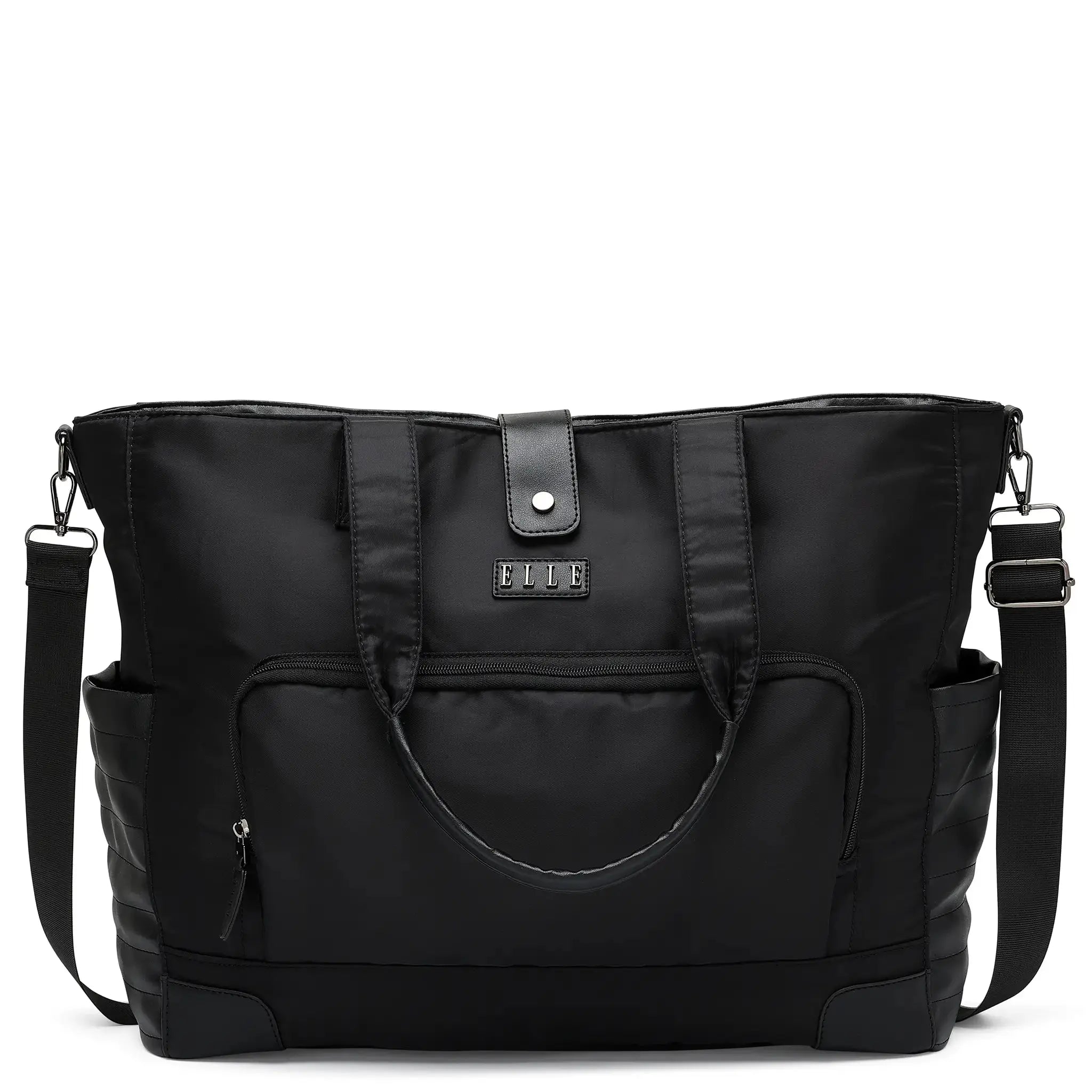 Black tote bag with multiple pockets and straps on a white background