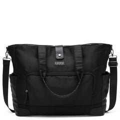 Black tote bag with multiple pockets and straps on a white background