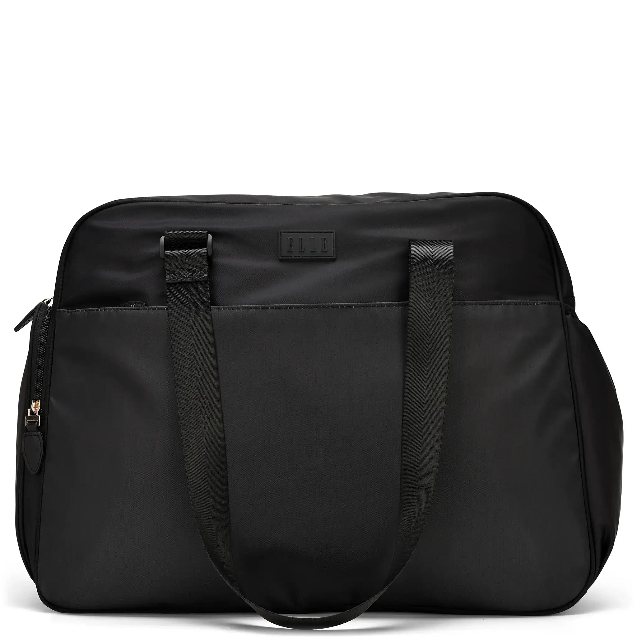 Black duffel bag with a visible brand logo on a white background