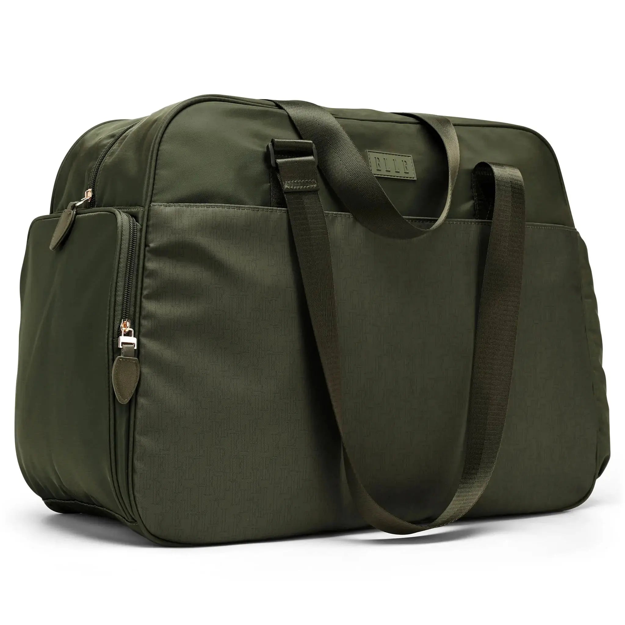 Green travel bag with a visible brand logo on a white background