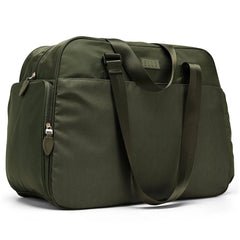 Green travel bag with a visible brand logo on a white background