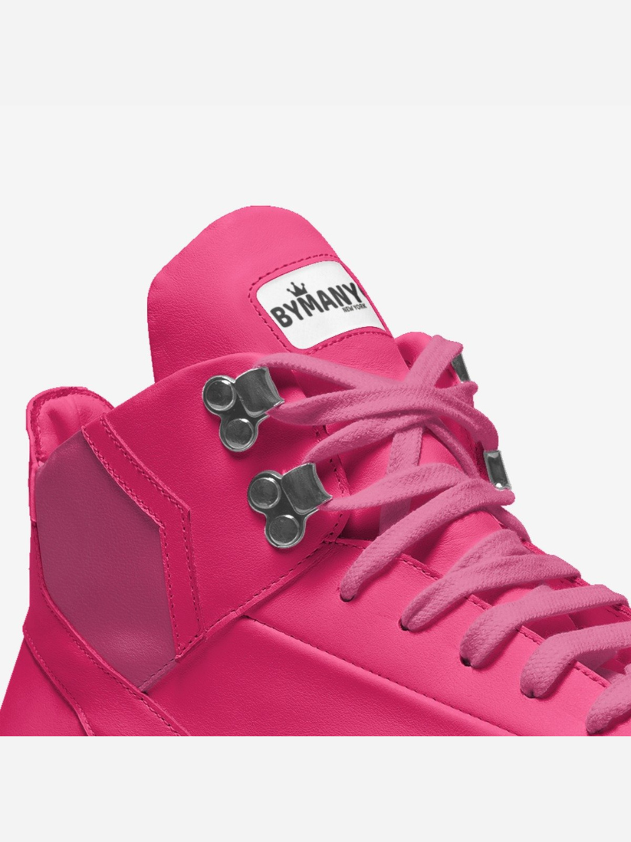 Pink high-top sneaker with 'BYMANY' branding on a white background