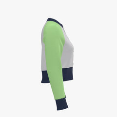 Color-blocked long-sleeve shirt with green, gray, and navy design on a white background