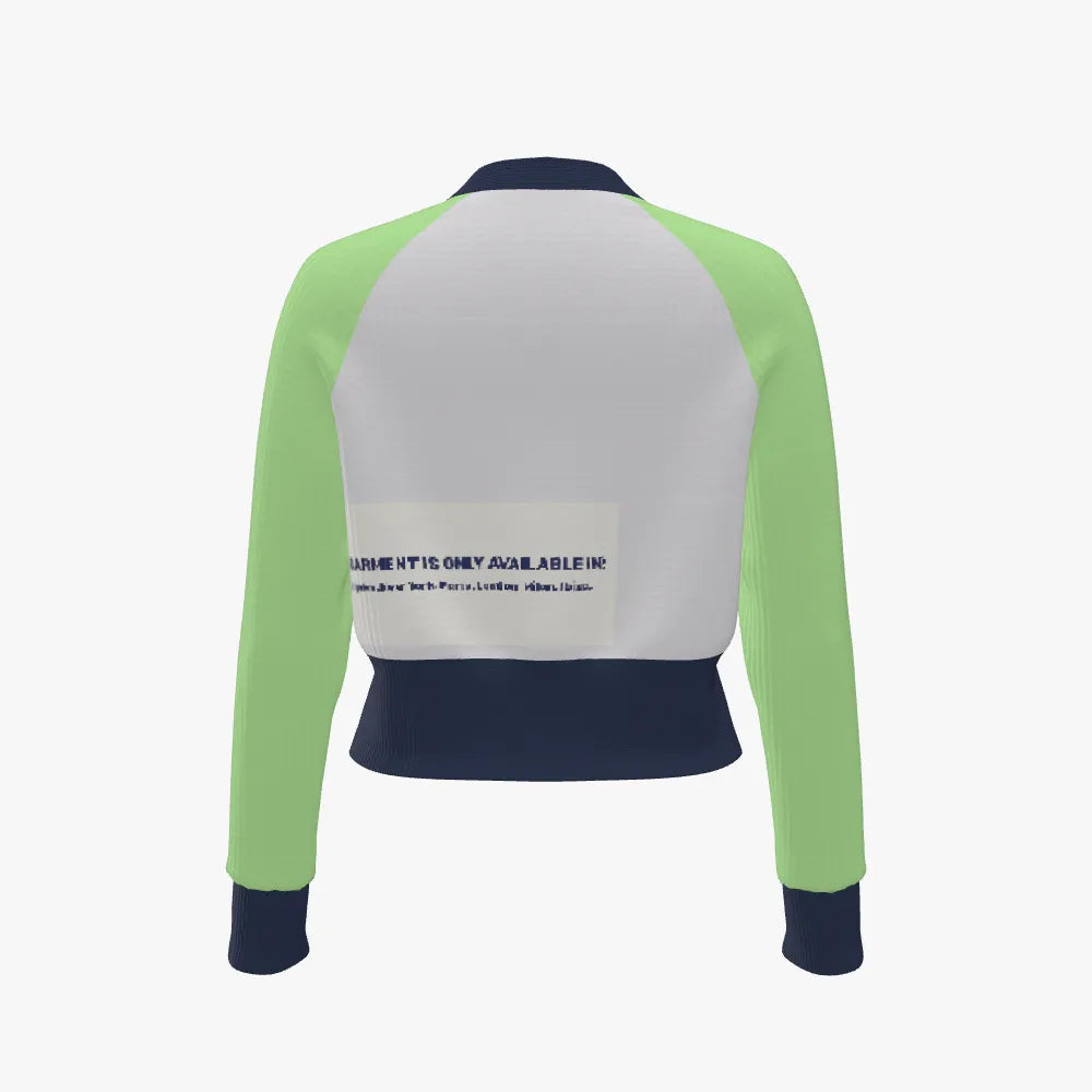 Back view of a jacket with green sleeves and a white patch on a white background
