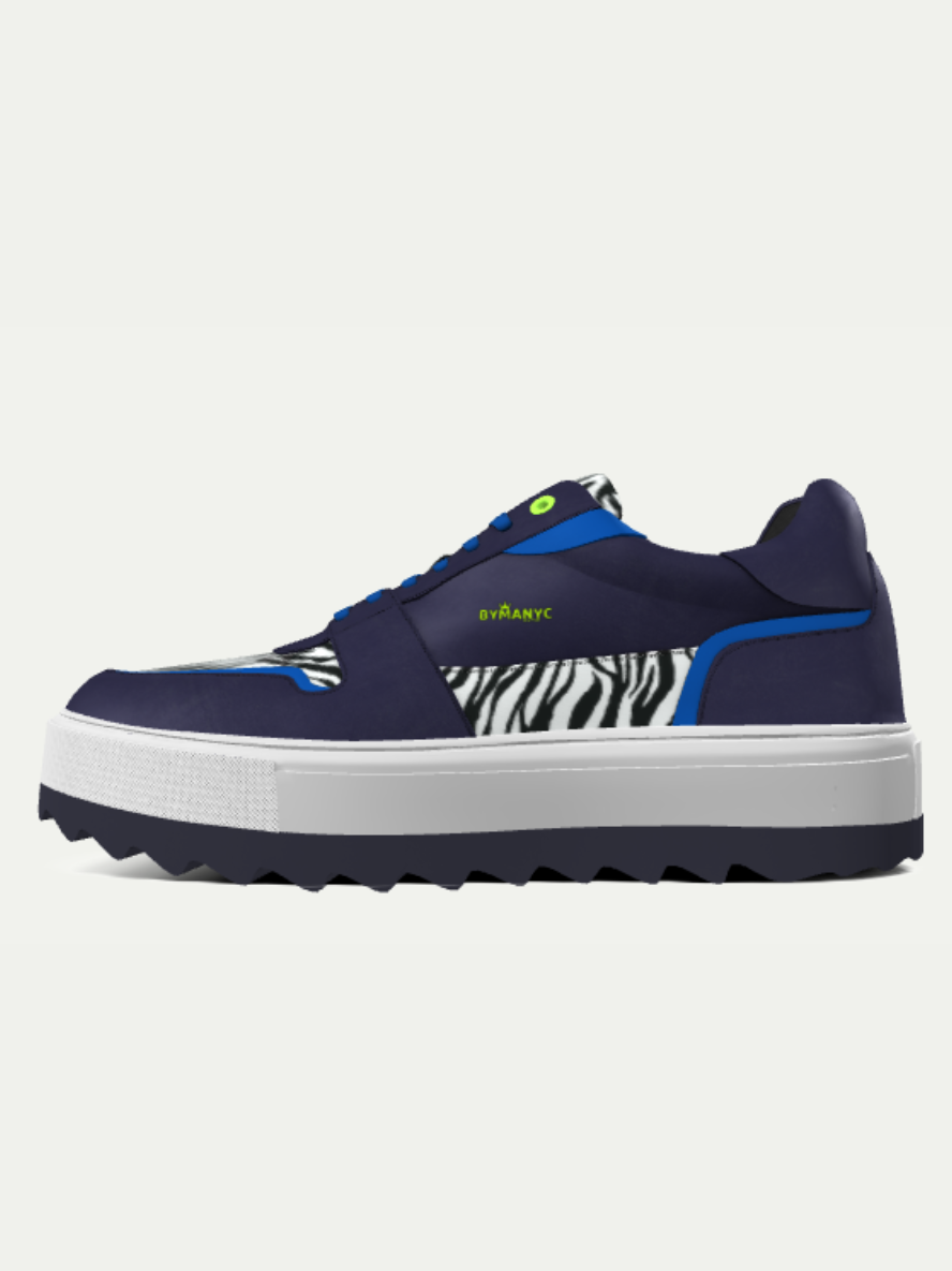 Navy blue sneaker with zebra pattern on a white background