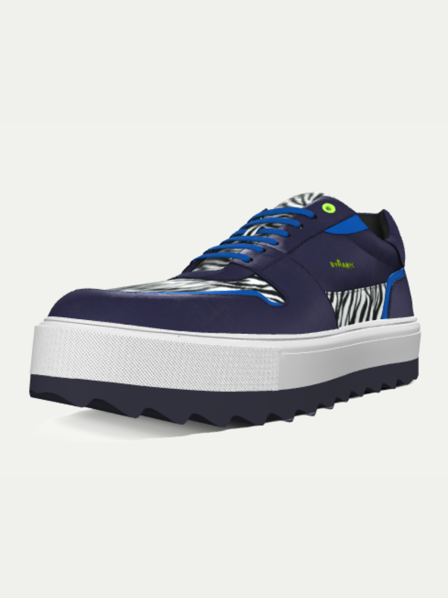 Navy blue sneaker with white sole on a light gray background