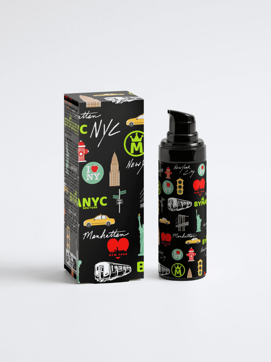 Black bottle and packaging with NYC-themed graphics on a white background