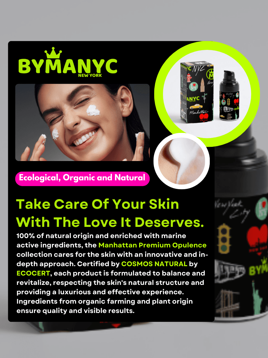 Advertisement for BYMANYC skincare products with a smiling woman, product packaging, and text on a gray background.