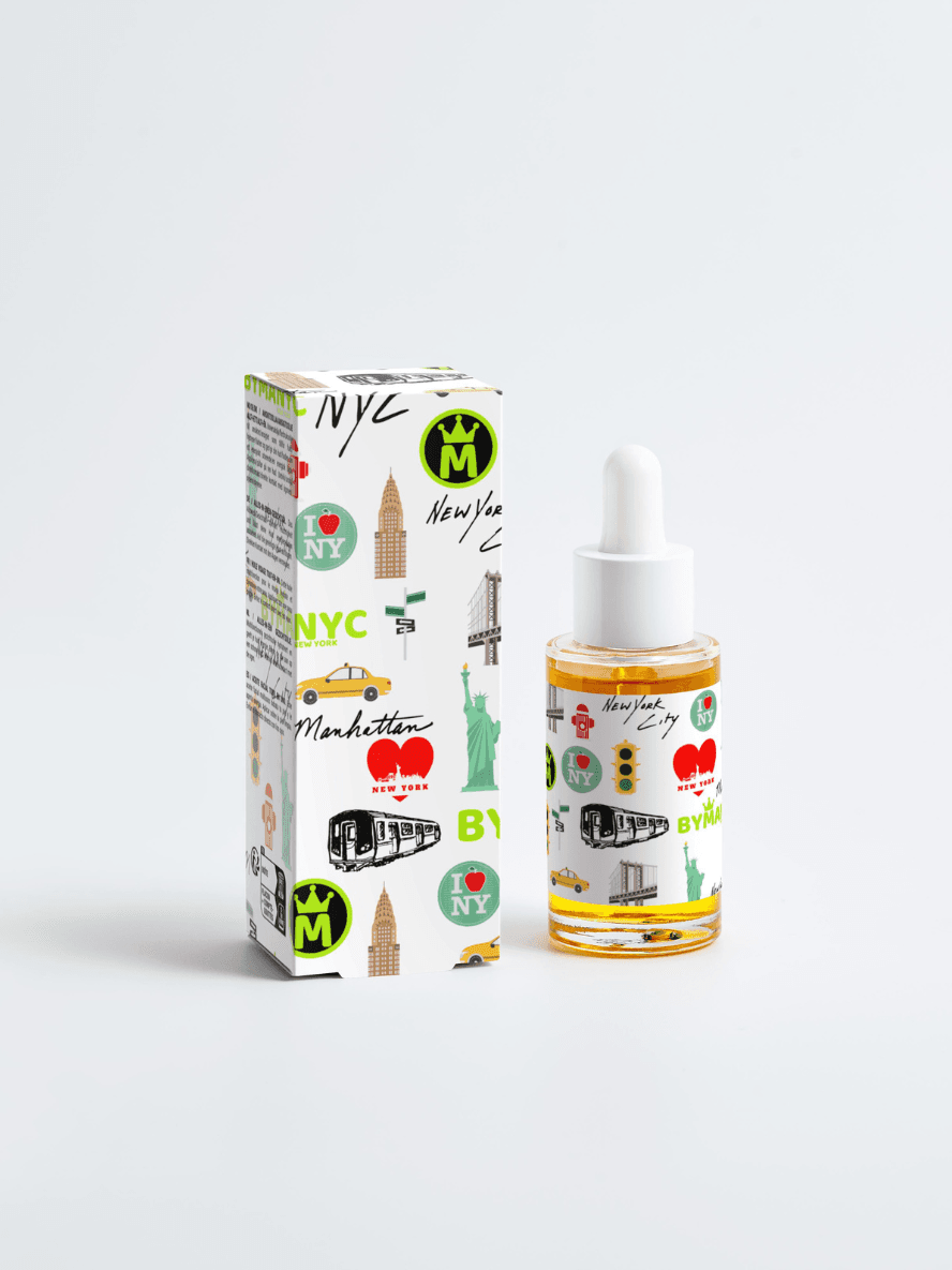 E-liquid bottle and packaging with New York City-themed graphics on a white background