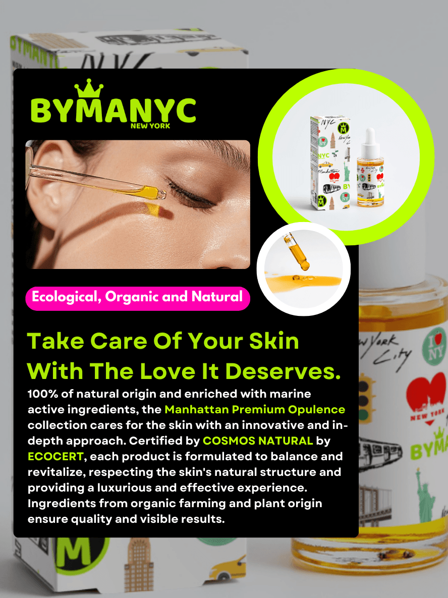 BYMANYC skincare product packaging with text and images of skincare items.