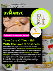 BYMANYC skincare product packaging with text and images of skincare items.