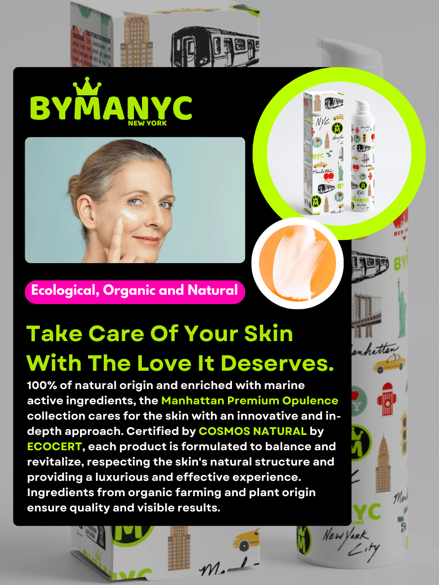 Advertisement for BYMANYC skincare products with text and images of a woman applying cream.