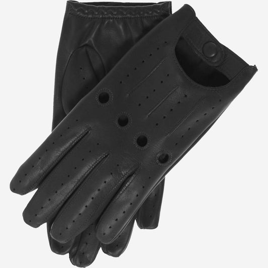 Black leather gloves with perforated design on a white background