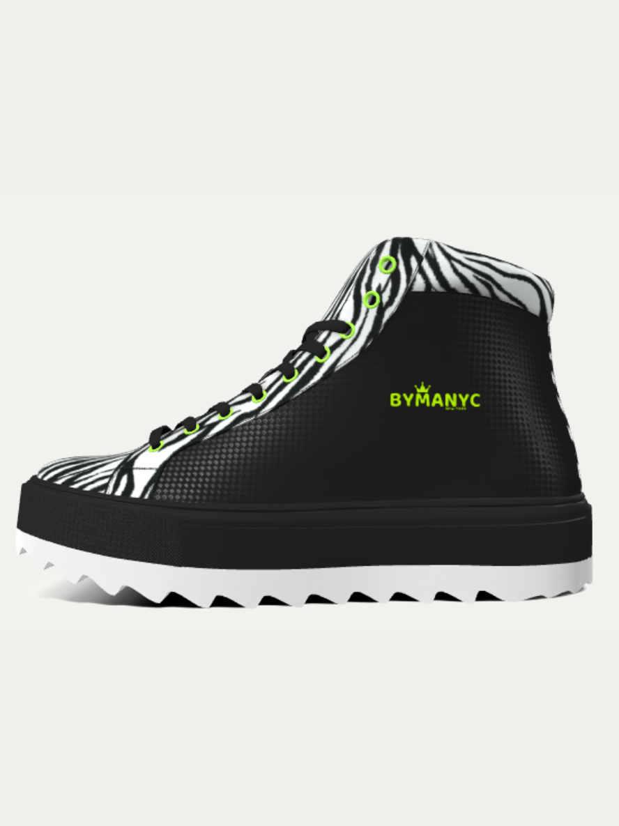 Black high-top sneaker with zebra pattern and 'BLYMNYC' branding on a white background