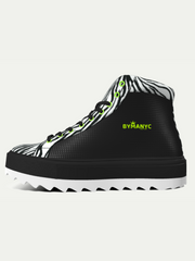 Black high-top sneaker with zebra pattern and 'BLYMNYC' branding on a white background