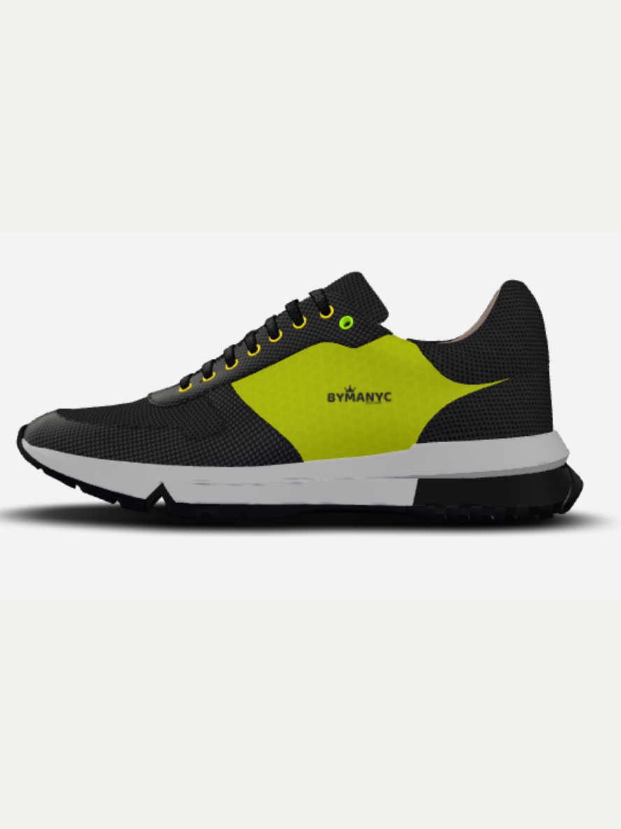 Black and green sneaker with BYRNYC branding on a light gray background