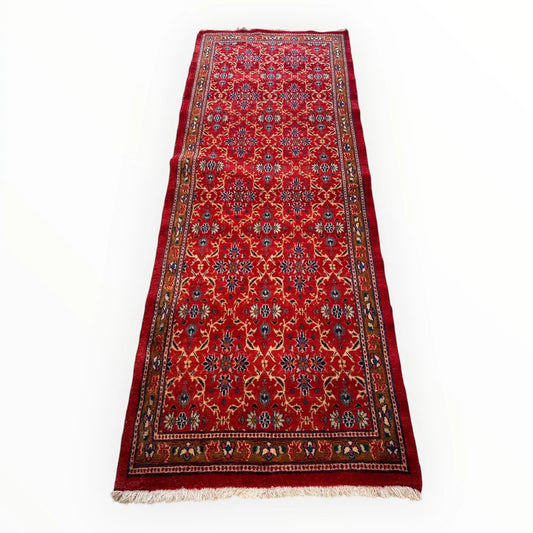 Vintage Mashhad Wool Runner – 3’3” x 8’4” – 1970s, Rich Red with Blue & Beige Accents Rugistan