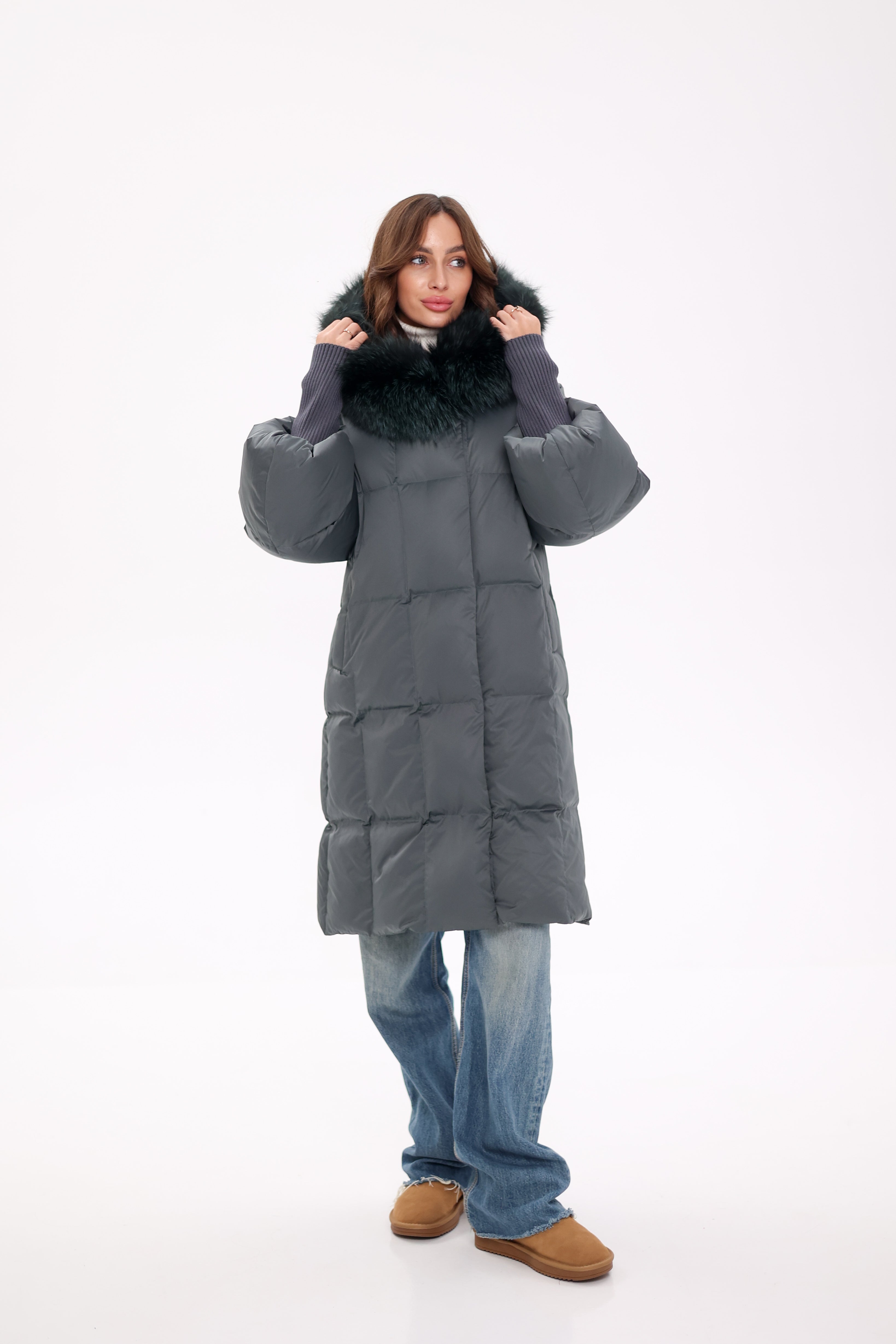 Genuine Silver Fox Fur Trim Down Coat in Forest Slate Alaska® Outerwear Company