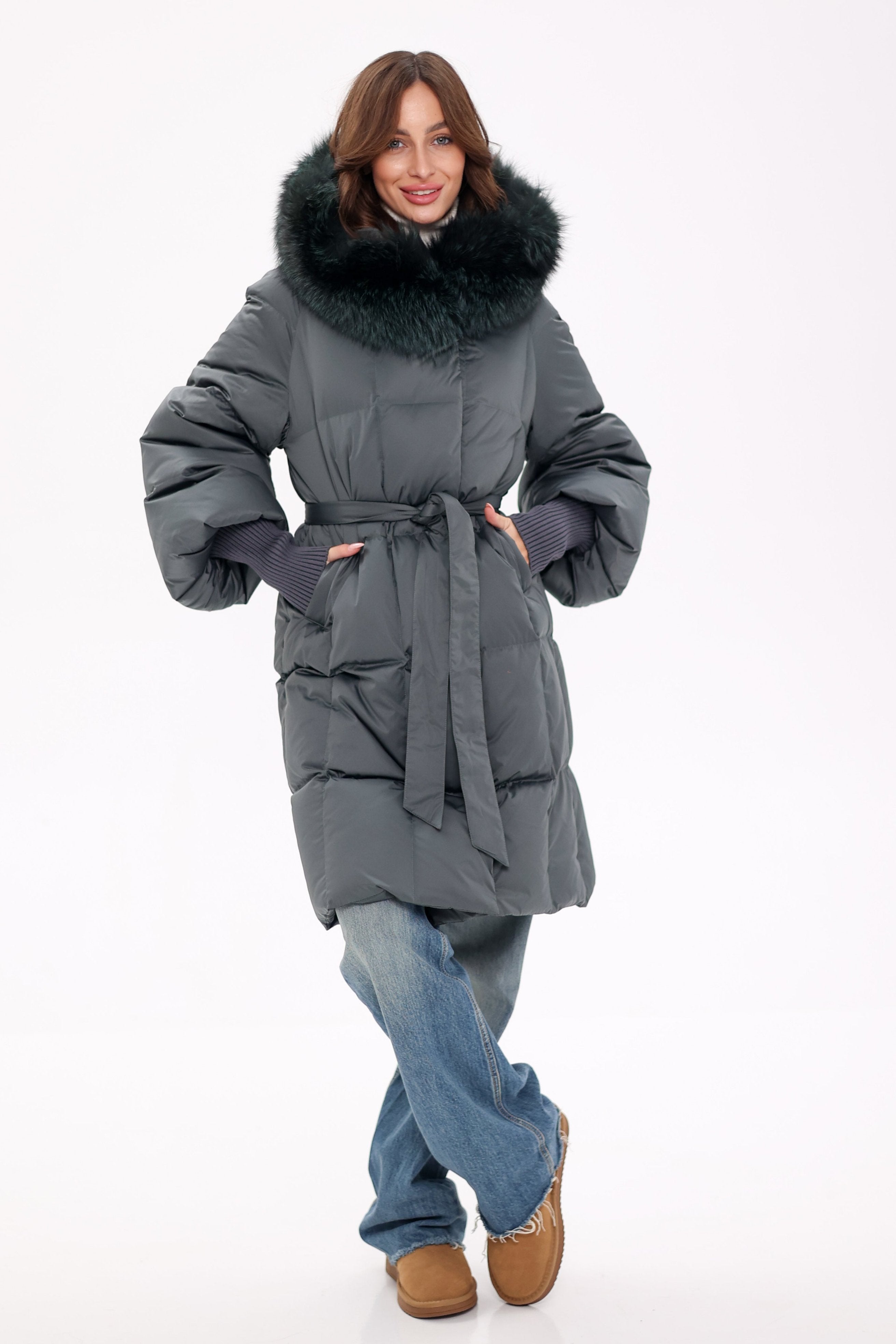 Genuine Silver Fox Fur Trim Down Coat in Forest Slate Alaska® Outerwear Company