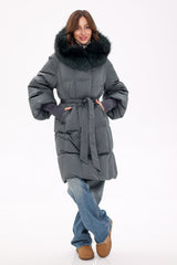 Genuine Silver Fox Fur Trim Down Coat in Forest Slate Alaska® Outerwear Company