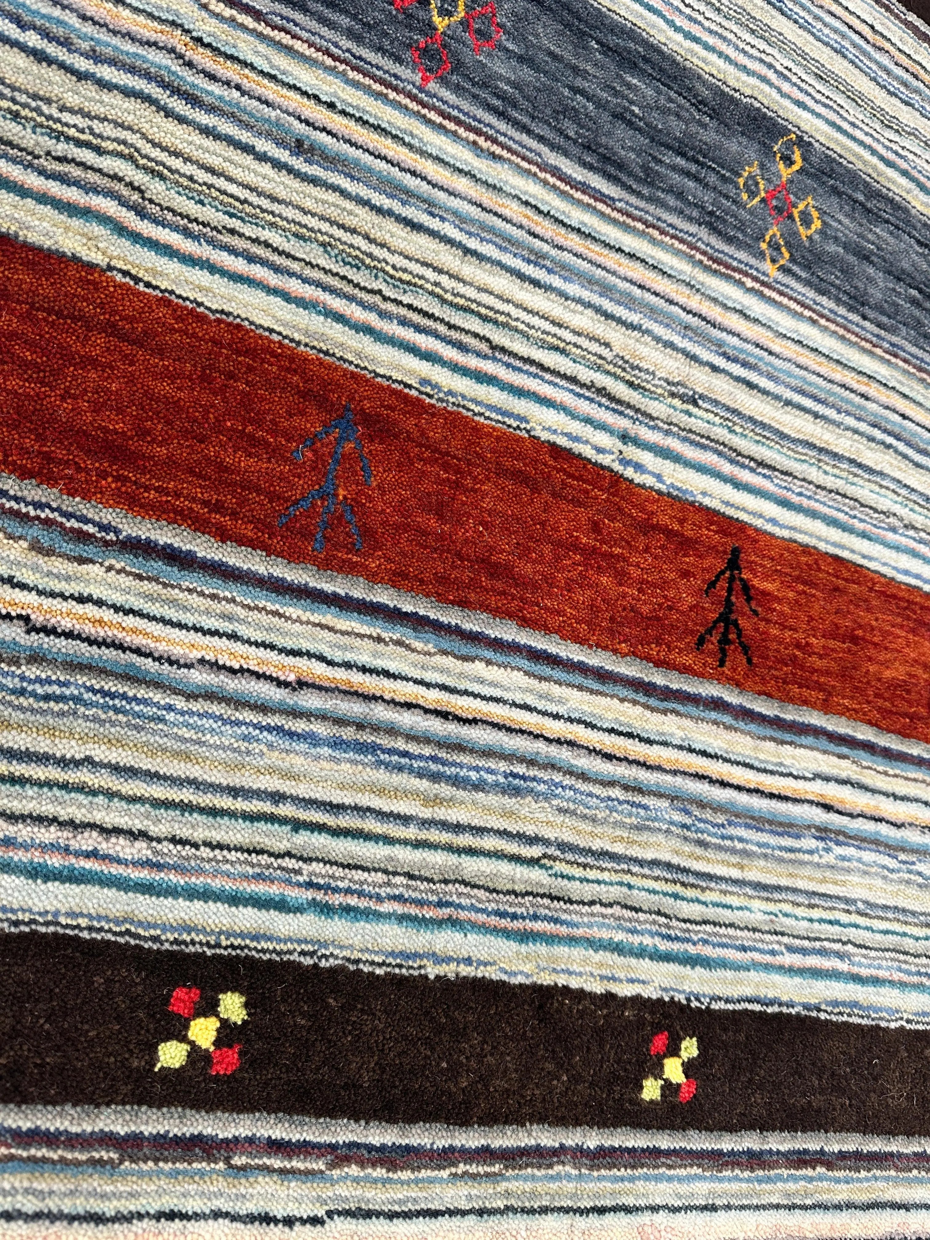 Hand-Knotted Indo-Gabbeh Wool & Bamboo Rug – 5'2" x 7' – Durable Striped Design Rugistan