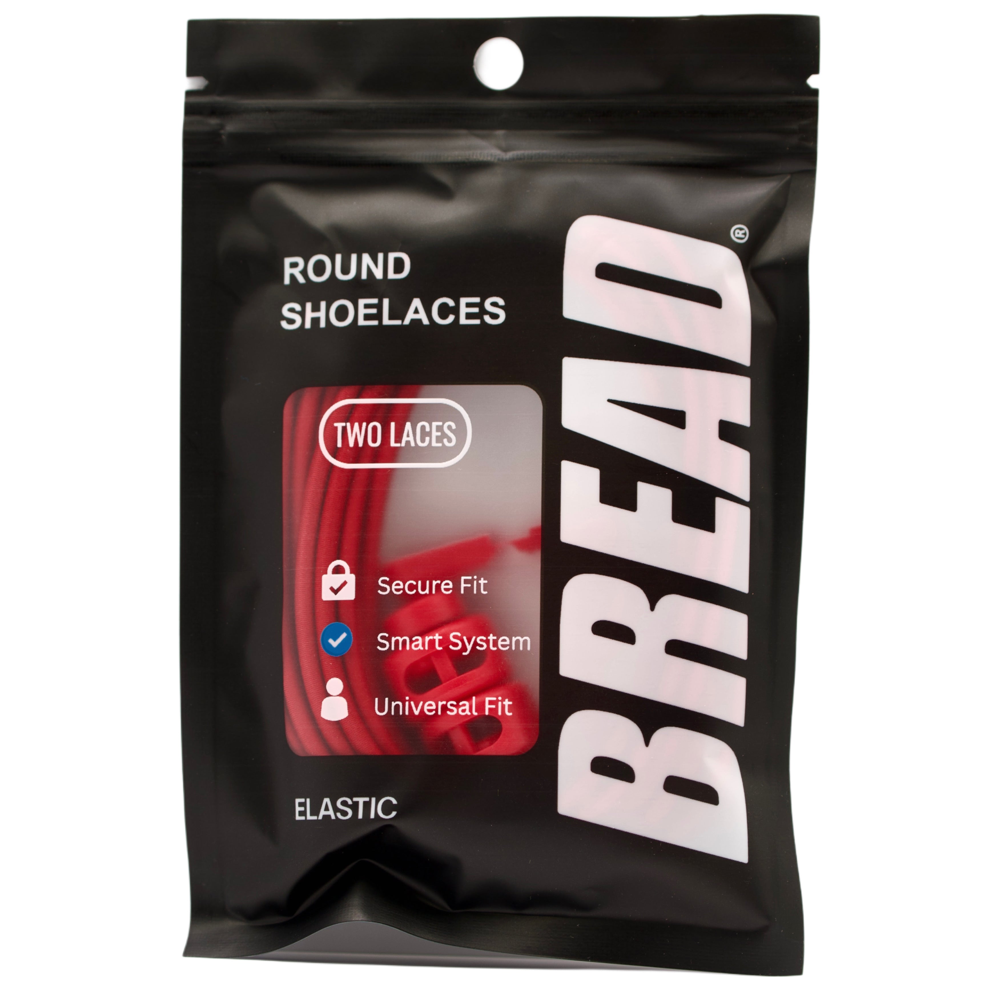 Packaged shoelaces with 'BREAD' branding on a black background