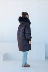 Dakota Genuine Fur Trim Down Fill Coat in Fig