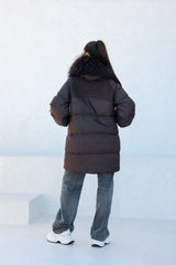 Celeste Genuine Fur Trim Down Fill Coat in Fig