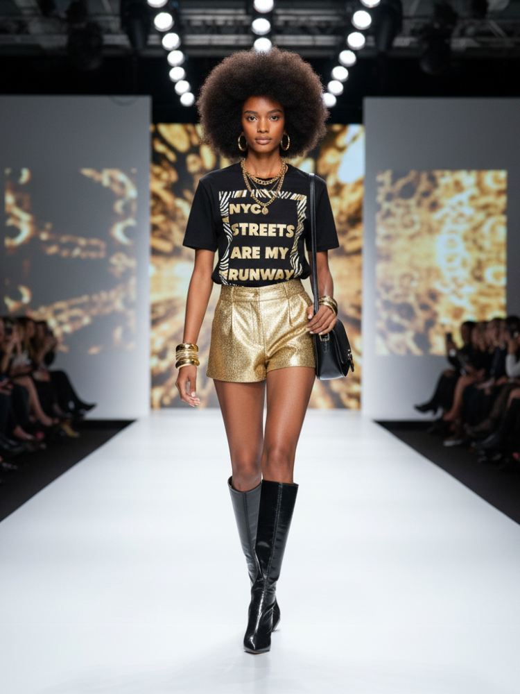 Model walking on a runway wearing a black t-shirt with text, gold shorts, and black knee-high boots.