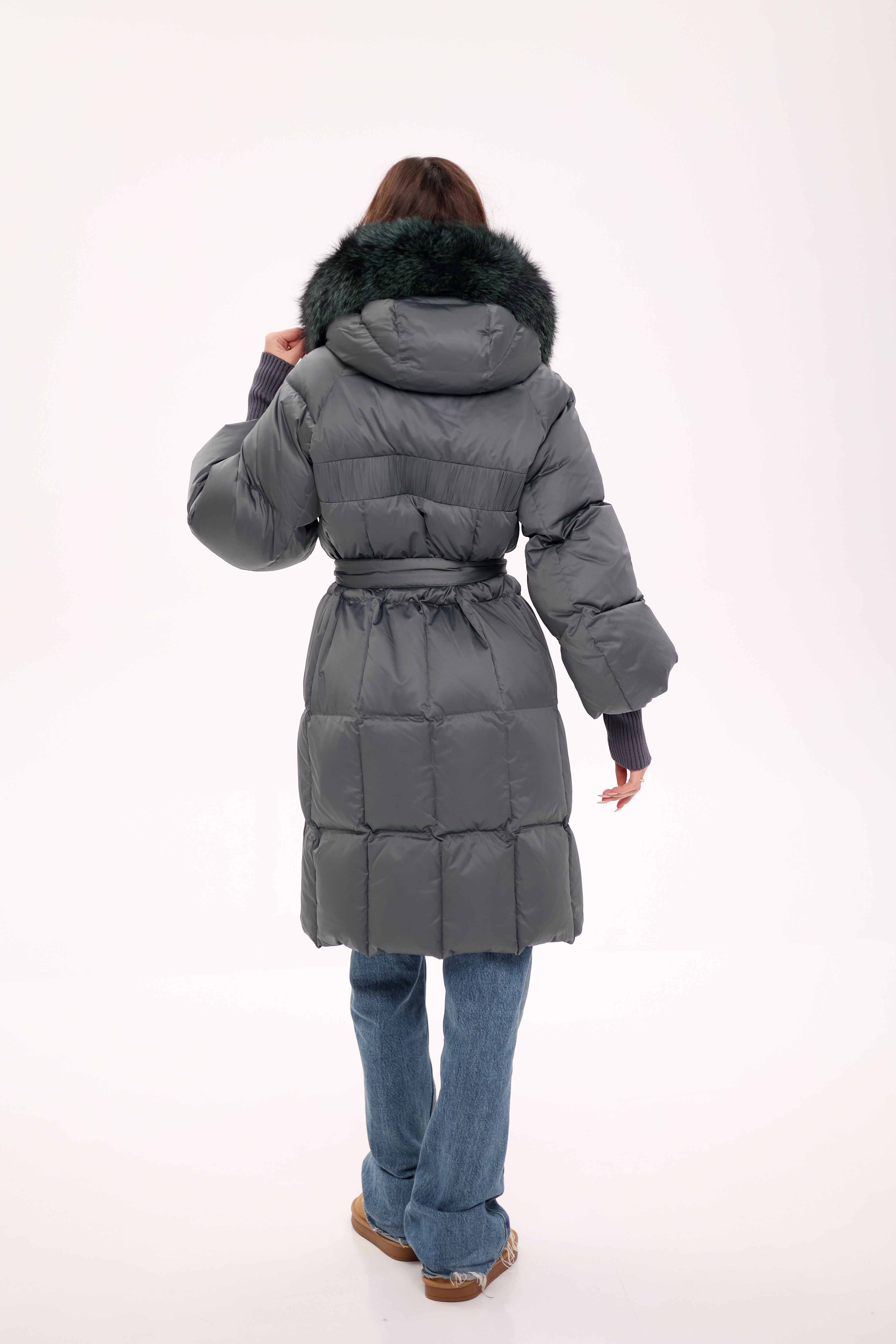 Genuine Silver Fox Fur Trim Down Coat in Forest Slate Alaska® Outerwear Company