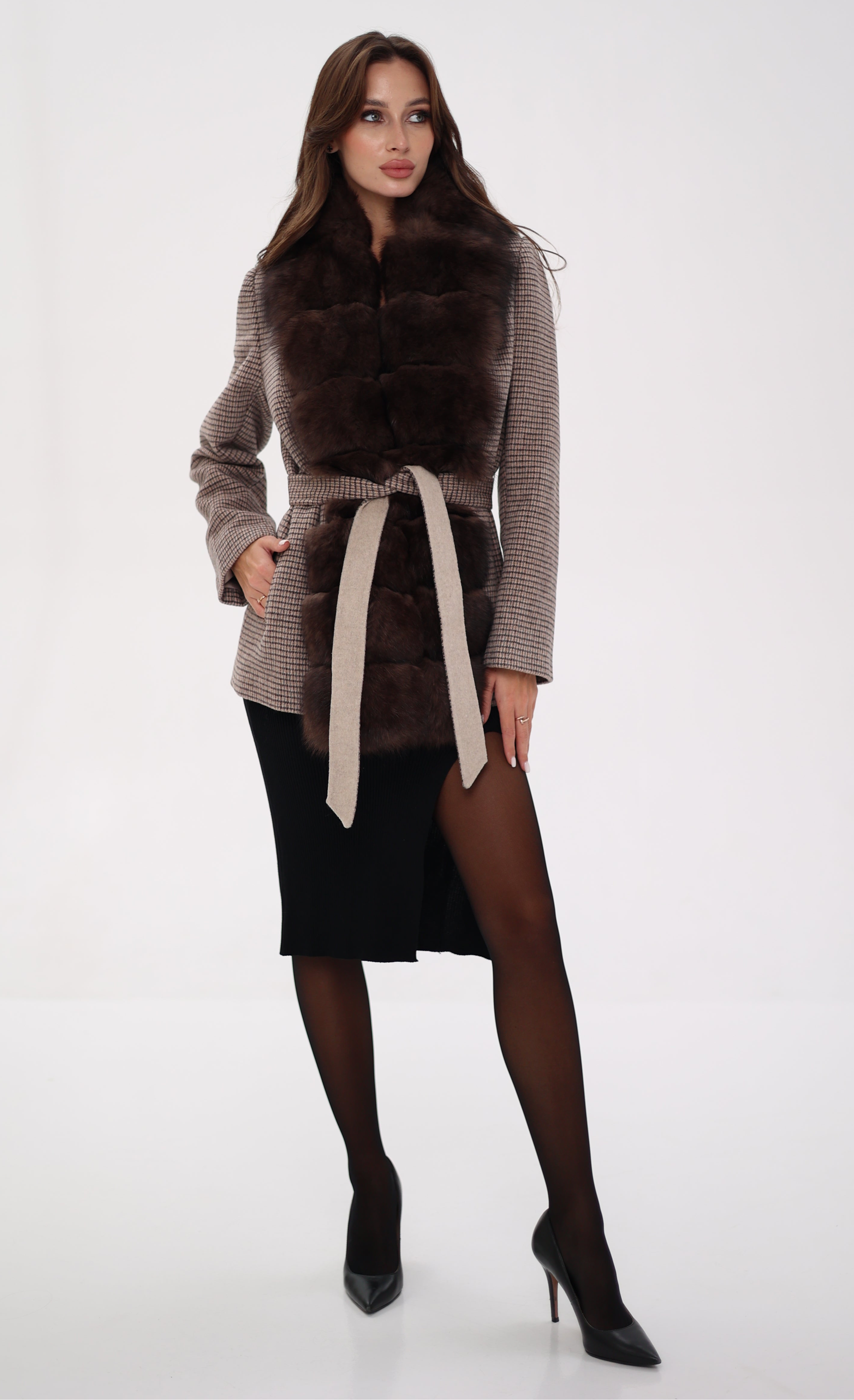 Genuine Polar Fox Fur Virgin Wool Coat in Dark Beige Alaska® Outerwear Company