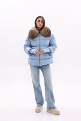 Genuine Fur Trim Down Fill Coat in Blue