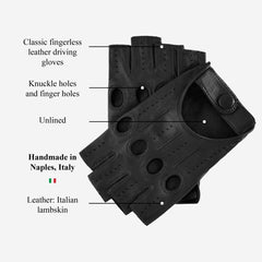 Rossana (black) - Italian fingerless lambskin leather driving gloves - product features overview