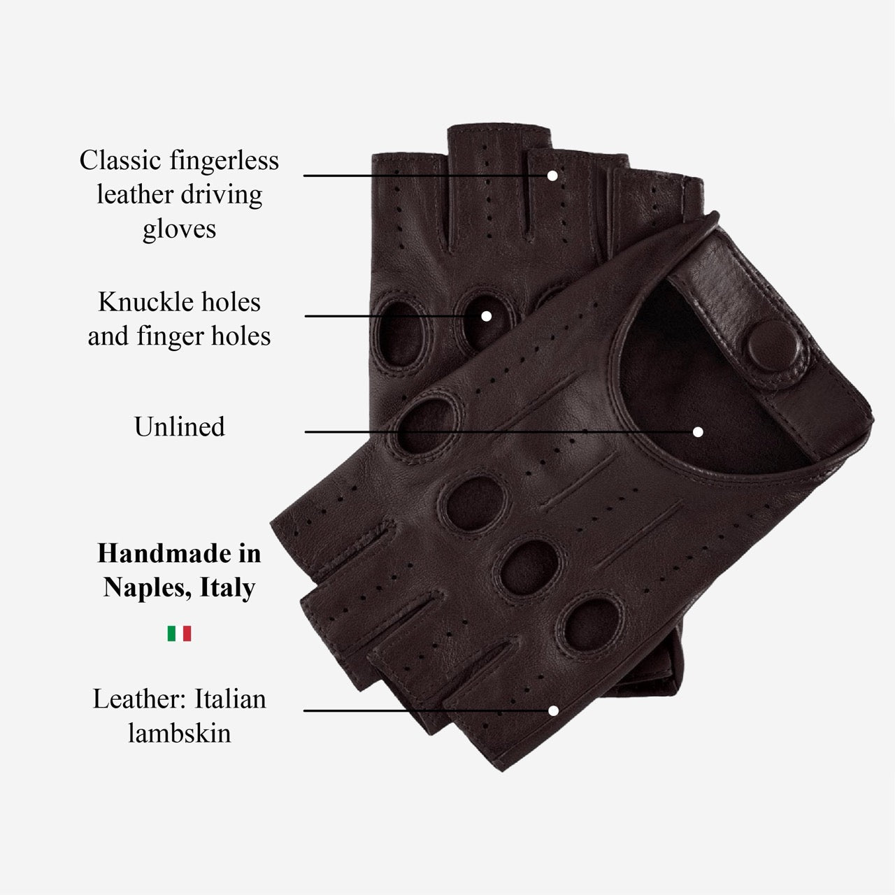 Pair of classic fingerless leather driving gloves with text labels on a white background