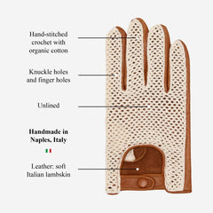 Glove with text labels detailing its features on a white background