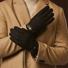 Fabrizio (dark brown) - Italian tweed men’s gloves with touchscreen capability and adjustable snap button
