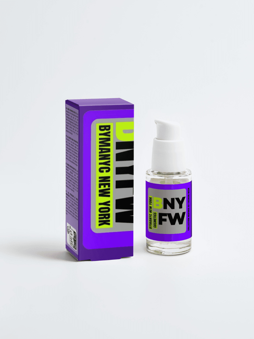 Bottle and packaging of a product with 'BYMYNEWYORK' branding on a white background