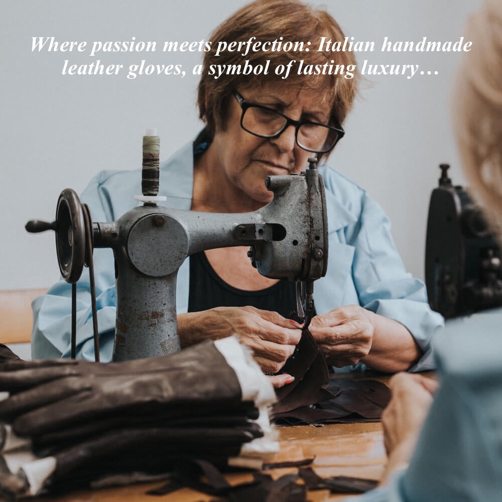 Person working on leather gloves with an old sewing machine, surrounded by leather pieces.