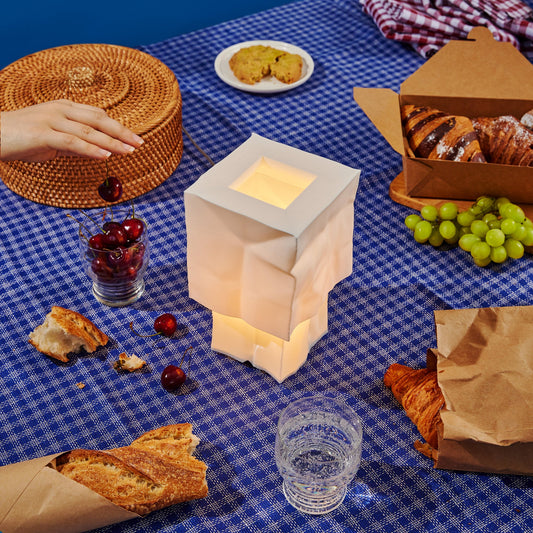 Outdoor picnic setup with food, a lantern, and a glass on a blue checkered tablecloth.
