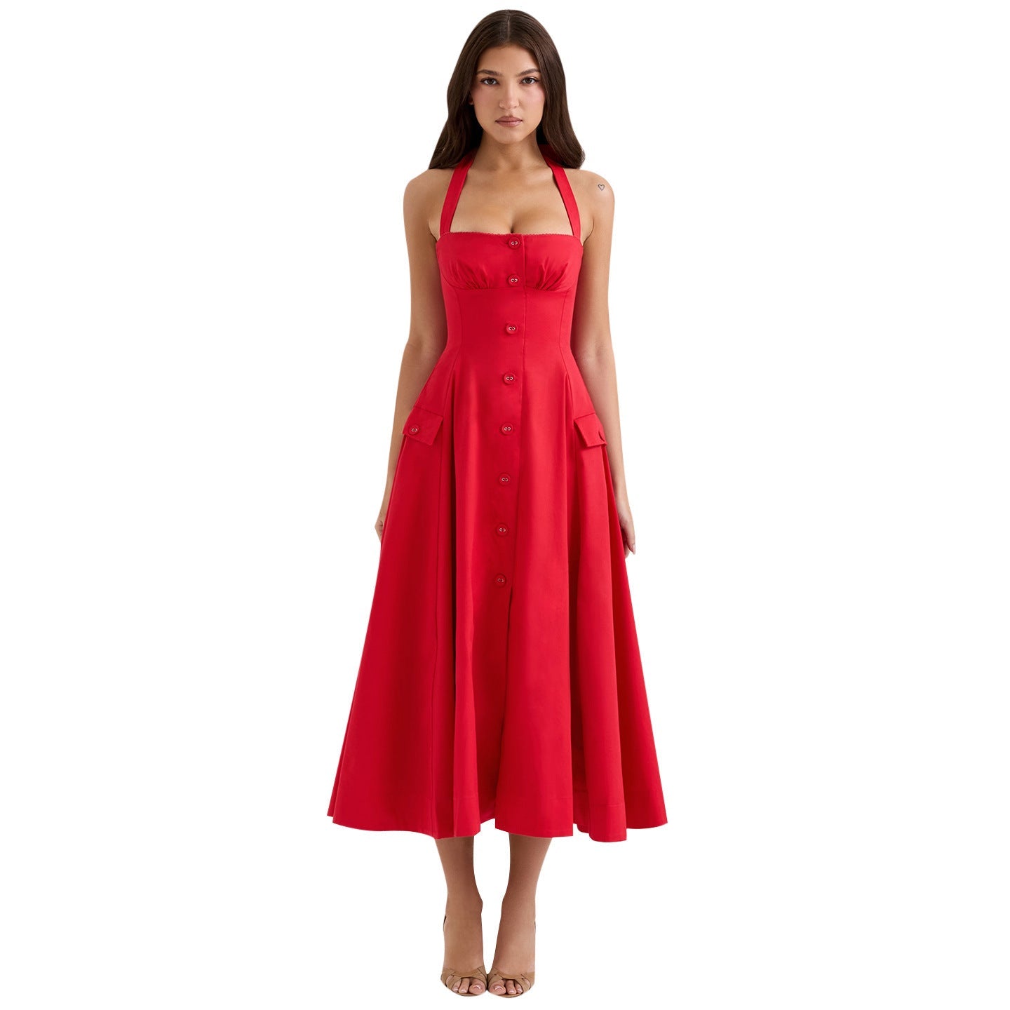 Red dress worn by a model on a white background