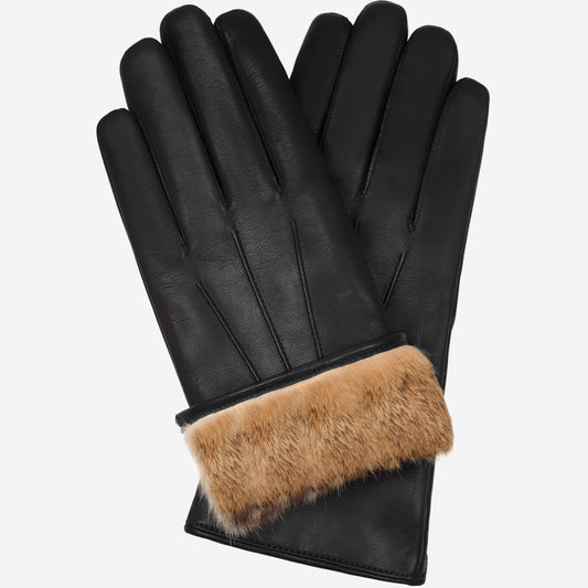 Black leather gloves with brown fur cuff on a white background
