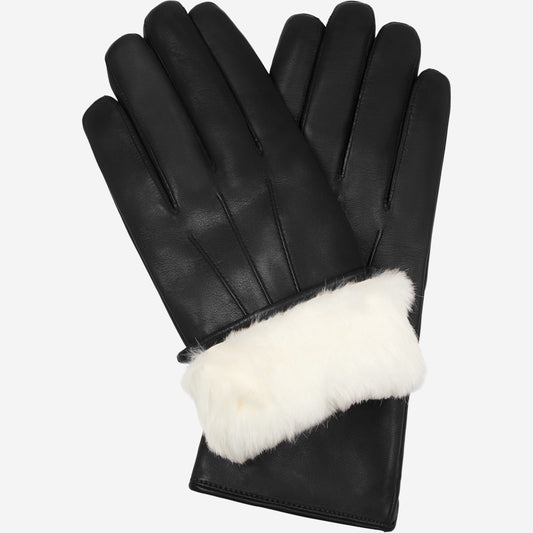 Black leather gloves with white fur cuffs on a white background