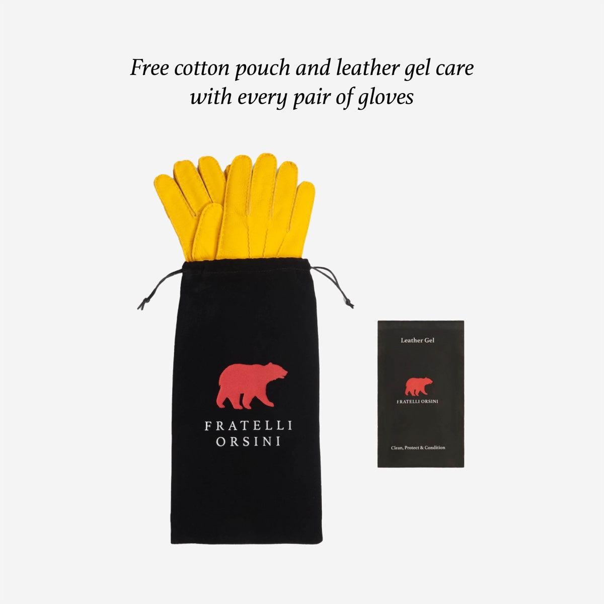Yellow gloves in a black Fratelli Orsini pouch with a free cotton pouch and leather gel care kit on a white background.